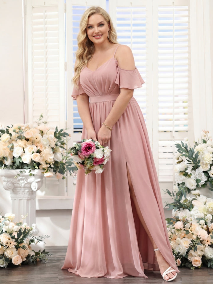 A-Line Spaghetti Straps Split Side Ruched Floor-Length Chiffon Plus Size Bridesmaid Dresses