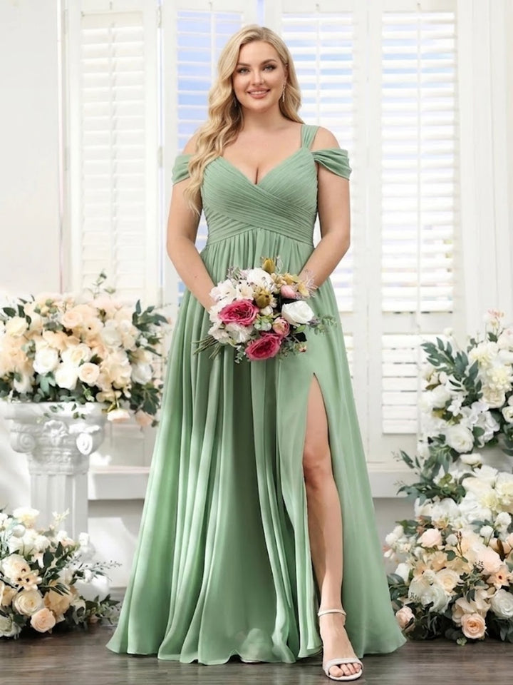 A-Line V-Neck Split Side Ruched Floor-Length Chiffon Plus Size Bridesmaid Dresses