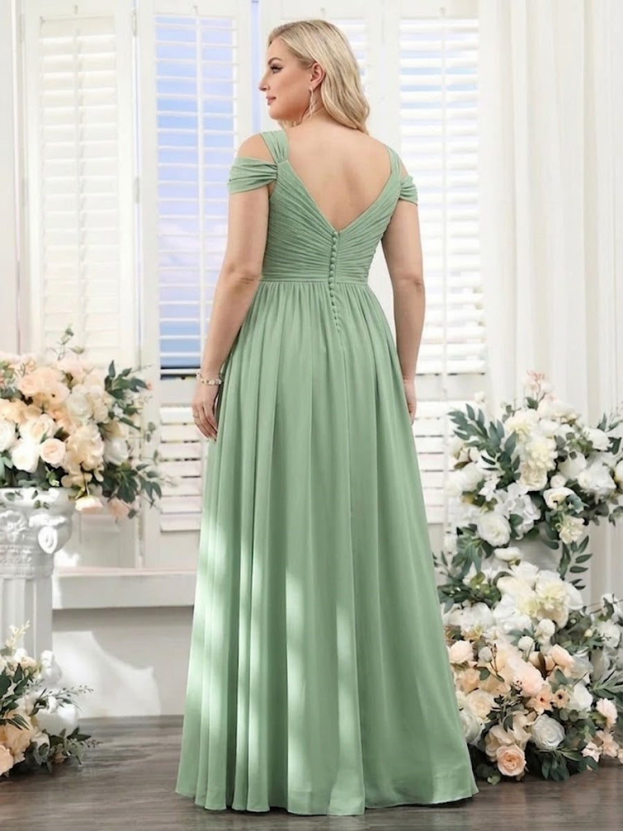 A-Line V-Neck Split Side Ruched Floor-Length Chiffon Plus Size Bridesmaid Dresses