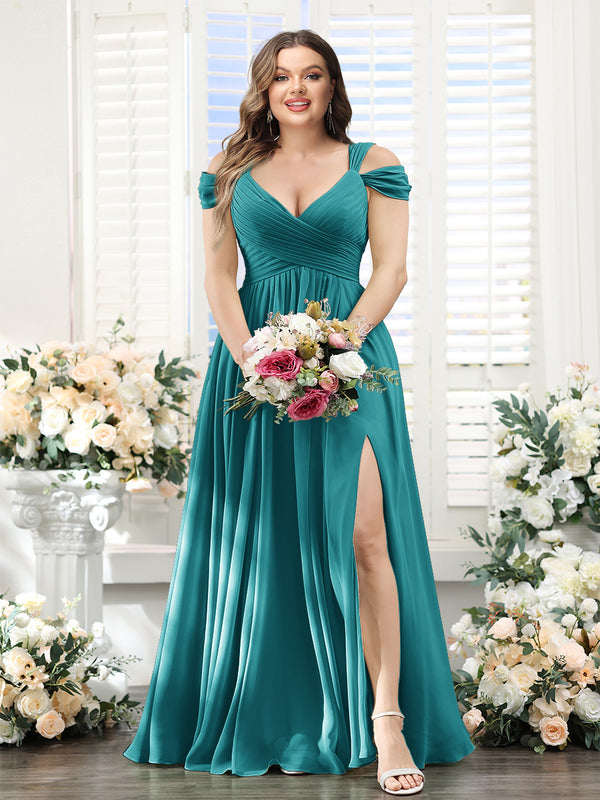 A-Line V-Neck Split Side Ruched Floor-Length Chiffon Plus Size Bridesmaid Dresses