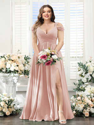 A-Line V-Neck Split Side Ruched Floor-Length Chiffon Plus Size Bridesmaid Dresses