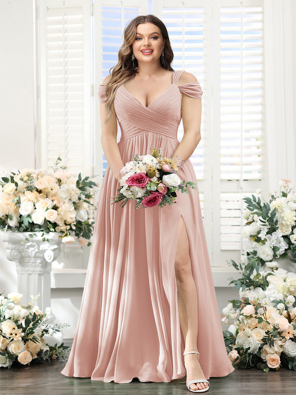 A-Line V-Neck Split Side Ruched Floor-Length Chiffon Plus Size Bridesmaid Dresses