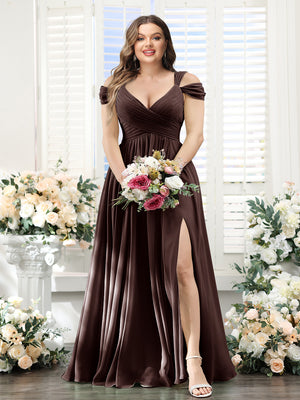 A-Line V-Neck Split Side Ruched Floor-Length Chiffon Plus Size Bridesmaid Dresses