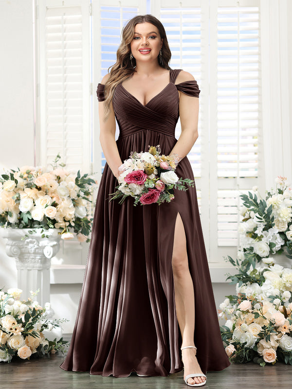 A-Line V-Neck Split Side Ruched Floor-Length Chiffon Plus Size Bridesmaid Dresses