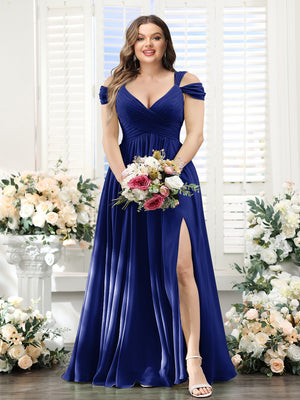 A-Line V-Neck Split Side Ruched Floor-Length Chiffon Plus Size Bridesmaid Dresses
