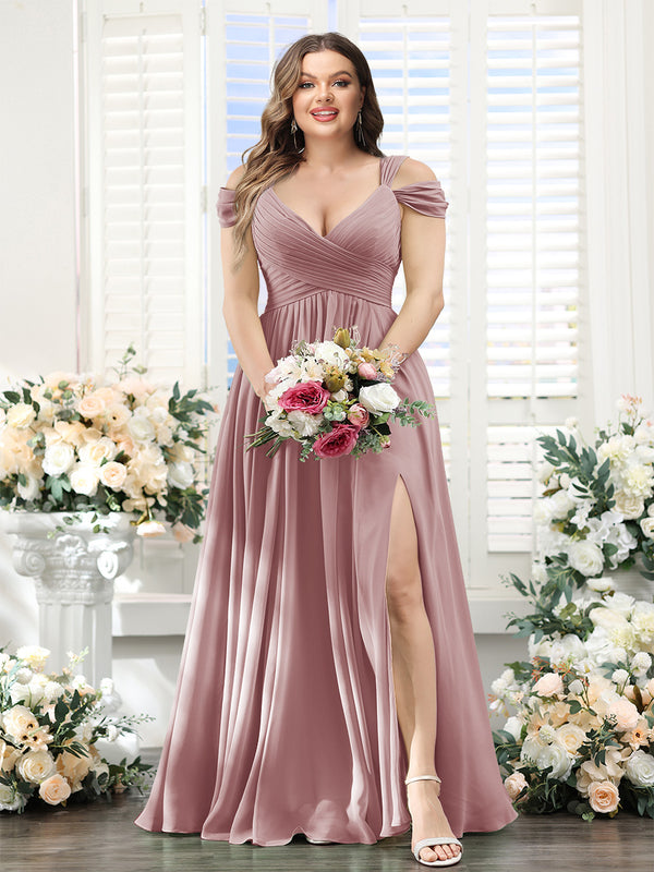 A-Line V-Neck Split Side Ruched Floor-Length Chiffon Plus Size Bridesmaid Dresses