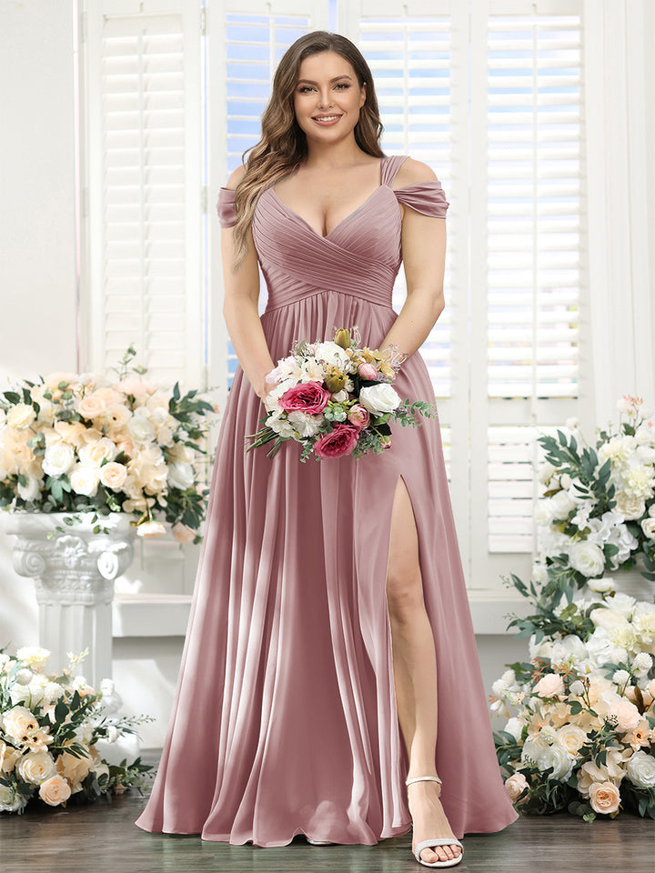 A-Line V-Neck Split Side Ruched Floor-Length Chiffon Plus Size Bridesmaid Dresses