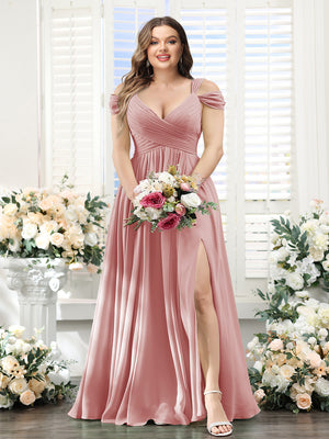 A-Line V-Neck Split Side Ruched Floor-Length Chiffon Plus Size Bridesmaid Dresses