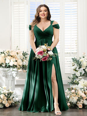 A-Line V-Neck Split Side Ruched Floor-Length Chiffon Plus Size Bridesmaid Dresses