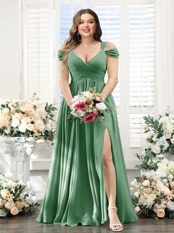 A-Line V-Neck Split Side Ruched Floor-Length Chiffon Plus Size Bridesmaid Dresses
