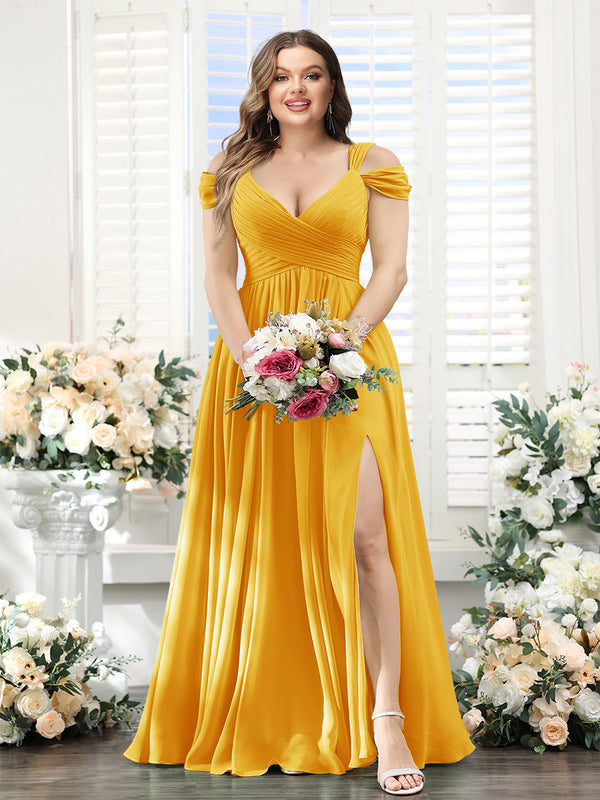 A-Line V-Neck Split Side Ruched Floor-Length Chiffon Plus Size Bridesmaid Dresses