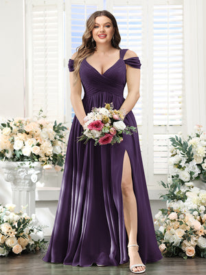 A-Line V-Neck Split Side Ruched Floor-Length Chiffon Plus Size Bridesmaid Dresses