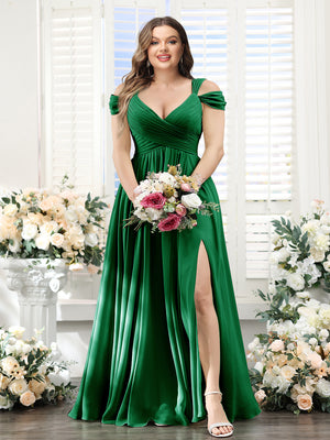 A-Line V-Neck Split Side Ruched Floor-Length Chiffon Plus Size Bridesmaid Dresses