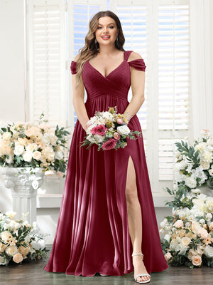 A-Line V-Neck Split Side Ruched Floor-Length Chiffon Plus Size Bridesmaid Dresses