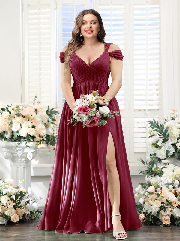 A-Line V-Neck Split Side Ruched Floor-Length Chiffon Plus Size Bridesmaid Dresses