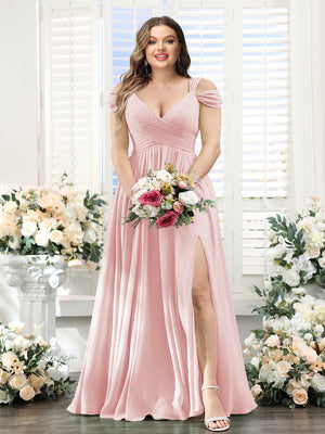 A-Line V-Neck Split Side Ruched Floor-Length Chiffon Plus Size Bridesmaid Dresses