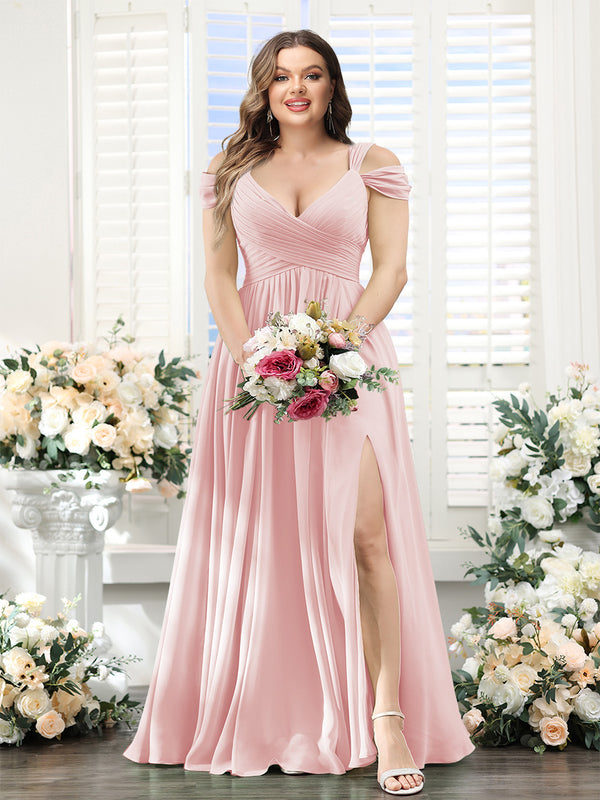 A-Line V-Neck Split Side Ruched Floor-Length Chiffon Plus Size Bridesmaid Dresses