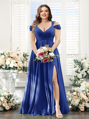 A-Line V-Neck Split Side Ruched Floor-Length Chiffon Plus Size Bridesmaid Dresses