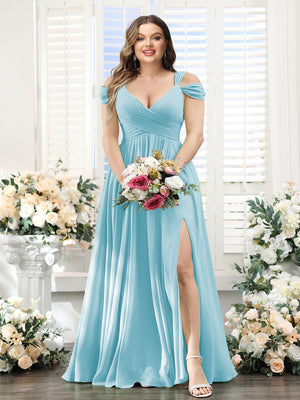 A-Line V-Neck Split Side Ruched Floor-Length Chiffon Plus Size Bridesmaid Dresses