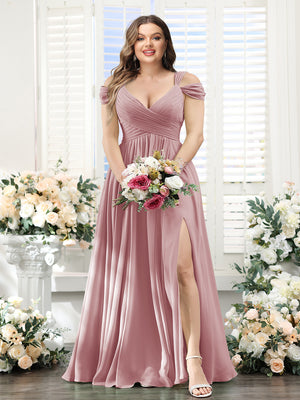 A-Line V-Neck Split Side Ruched Floor-Length Chiffon Plus Size Bridesmaid Dresses