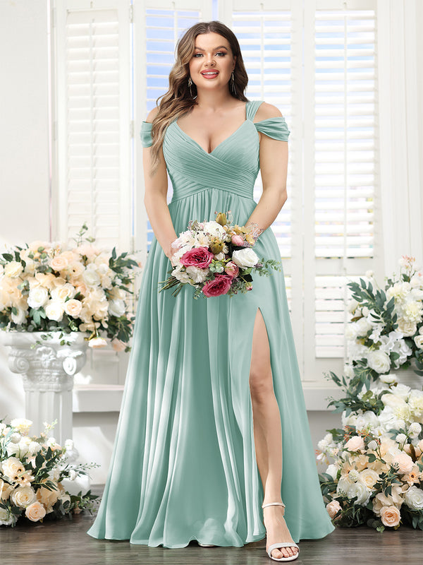 A-Line V-Neck Split Side Ruched Floor-Length Chiffon Plus Size Bridesmaid Dresses