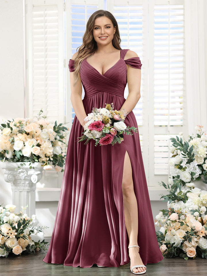 A-Line V-Neck Split Side Ruched Floor-Length Chiffon Plus Size Bridesmaid Dresses