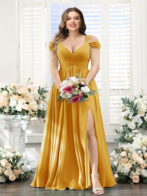 A-Line V-Neck Split Side Ruched Floor-Length Chiffon Plus Size Bridesmaid Dresses