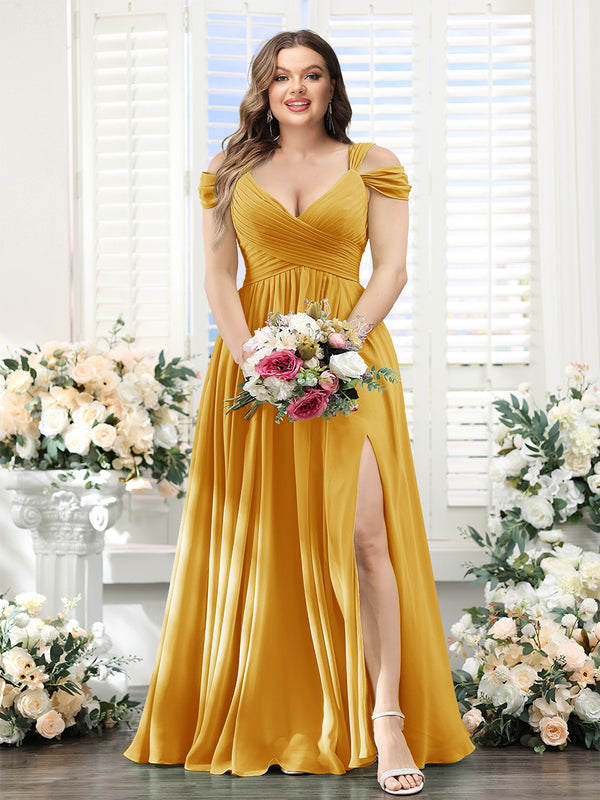 A-Line V-Neck Split Side Ruched Floor-Length Chiffon Plus Size Bridesmaid Dresses
