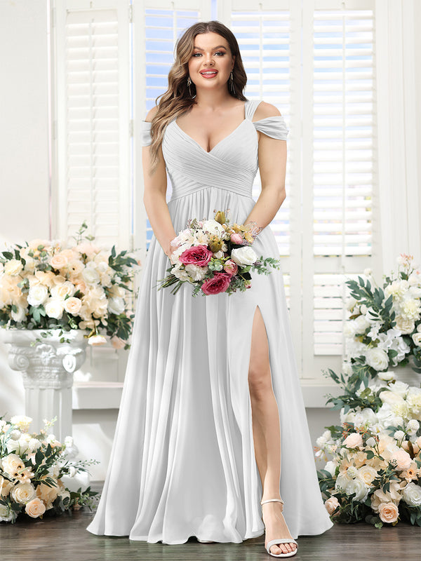 A-Line V-Neck Split Side Ruched Floor-Length Chiffon Plus Size Bridesmaid Dresses