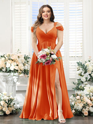 A-Line V-Neck Split Side Ruched Floor-Length Chiffon Plus Size Bridesmaid Dresses
