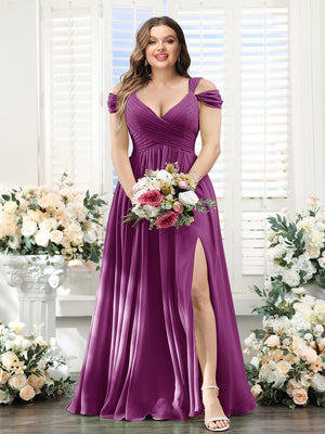 A-Line V-Neck Split Side Ruched Floor-Length Chiffon Plus Size Bridesmaid Dresses