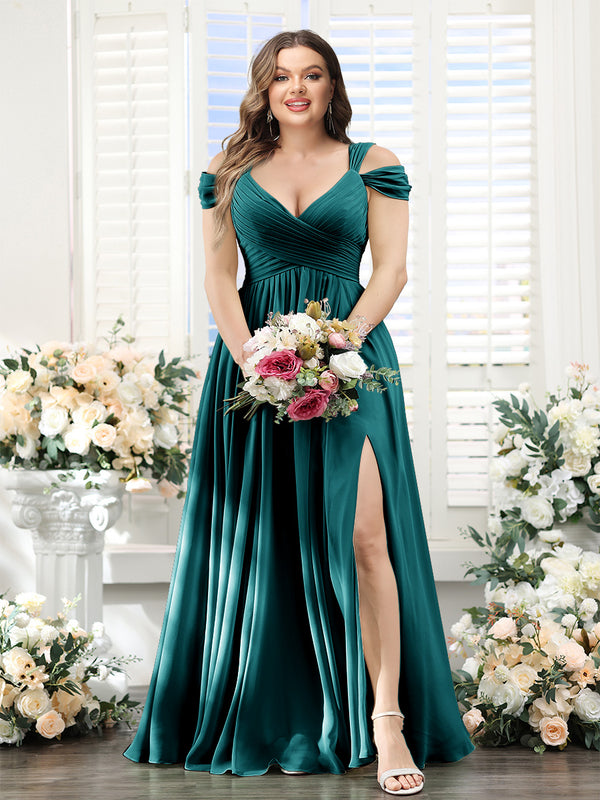A-Line V-Neck Split Side Ruched Floor-Length Chiffon Plus Size Bridesmaid Dresses