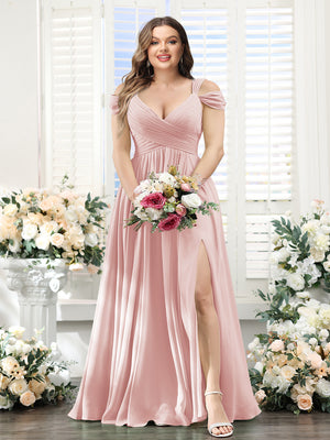 A-Line V-Neck Split Side Ruched Floor-Length Chiffon Plus Size Bridesmaid Dresses