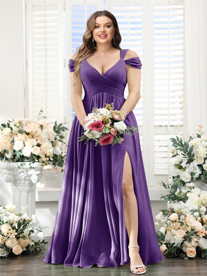 A-Line V-Neck Split Side Ruched Floor-Length Chiffon Plus Size Bridesmaid Dresses