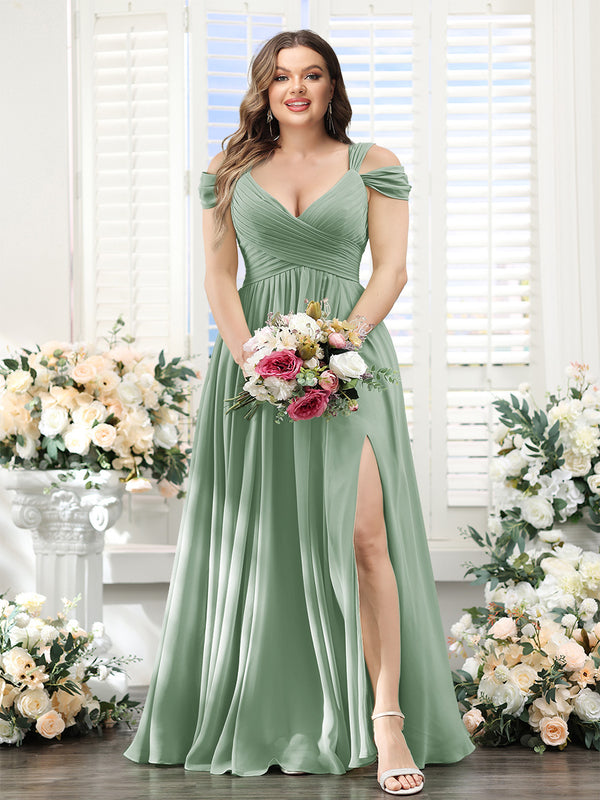 A-Line V-Neck Split Side Ruched Floor-Length Chiffon Plus Size Bridesmaid Dresses