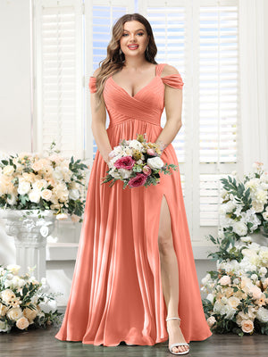 A-Line V-Neck Split Side Ruched Floor-Length Chiffon Plus Size Bridesmaid Dresses