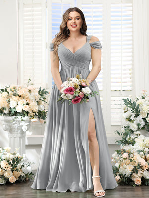 A-Line V-Neck Split Side Ruched Floor-Length Chiffon Plus Size Bridesmaid Dresses
