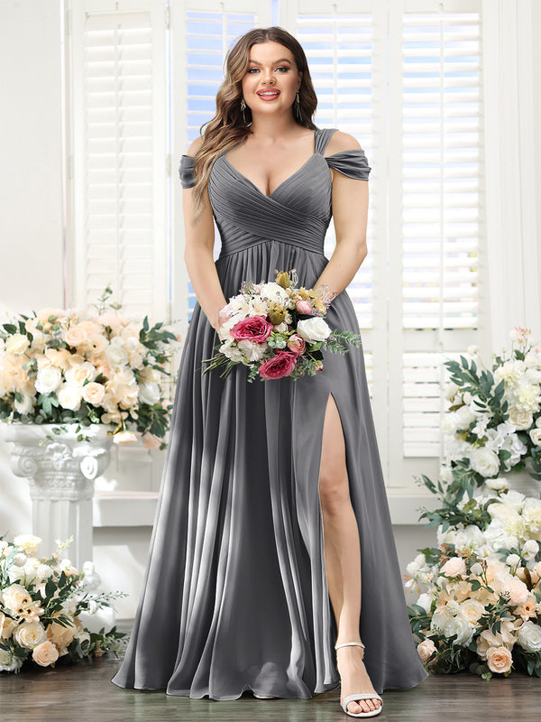 A-Line V-Neck Split Side Ruched Floor-Length Chiffon Plus Size Bridesmaid Dresses