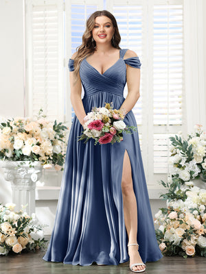 A-Line V-Neck Split Side Ruched Floor-Length Chiffon Plus Size Bridesmaid Dresses
