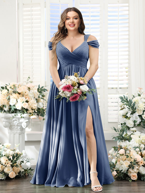 A-Line V-Neck Split Side Ruched Floor-Length Chiffon Plus Size Bridesmaid Dresses