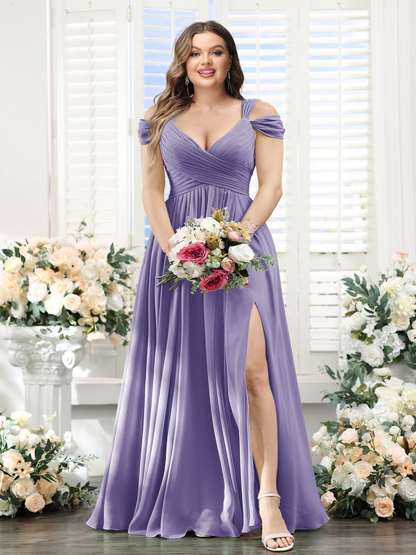 A-Line V-Neck Split Side Ruched Floor-Length Chiffon Plus Size Bridesmaid Dresses
