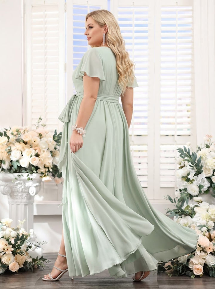 A-Line V-Neck Short Sleeves Split Side Ruched Floor-Length Chiffon Plus Size Bridesmaid Dresses