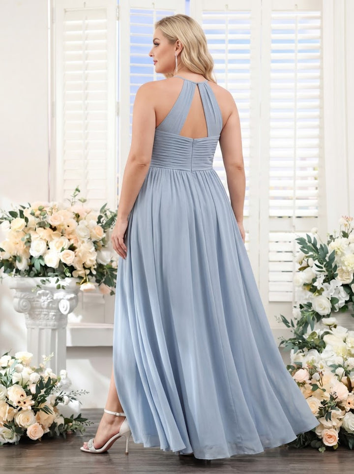 A-Line Halter Sleeveless Ruched Floor-Length Chiffon Plus Size Bridesmaid Dresses