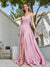 A-Line Spaghetti Straps V-Neck Sleeveless Metallic Lurex Long Prom Dresses