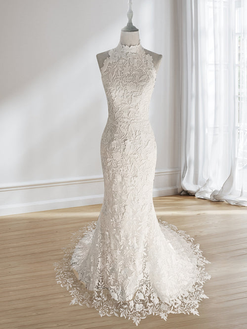 trumpet/mermaid sleeveless v-neck sweep/brush train lace tulle dresses Trumpet-Mermaid Court Train Lace Tulle Wedding Dress COCOMELODY CW3148, 45 Days / As Picture:Ivory/Sand / US2-UK4-EUR32