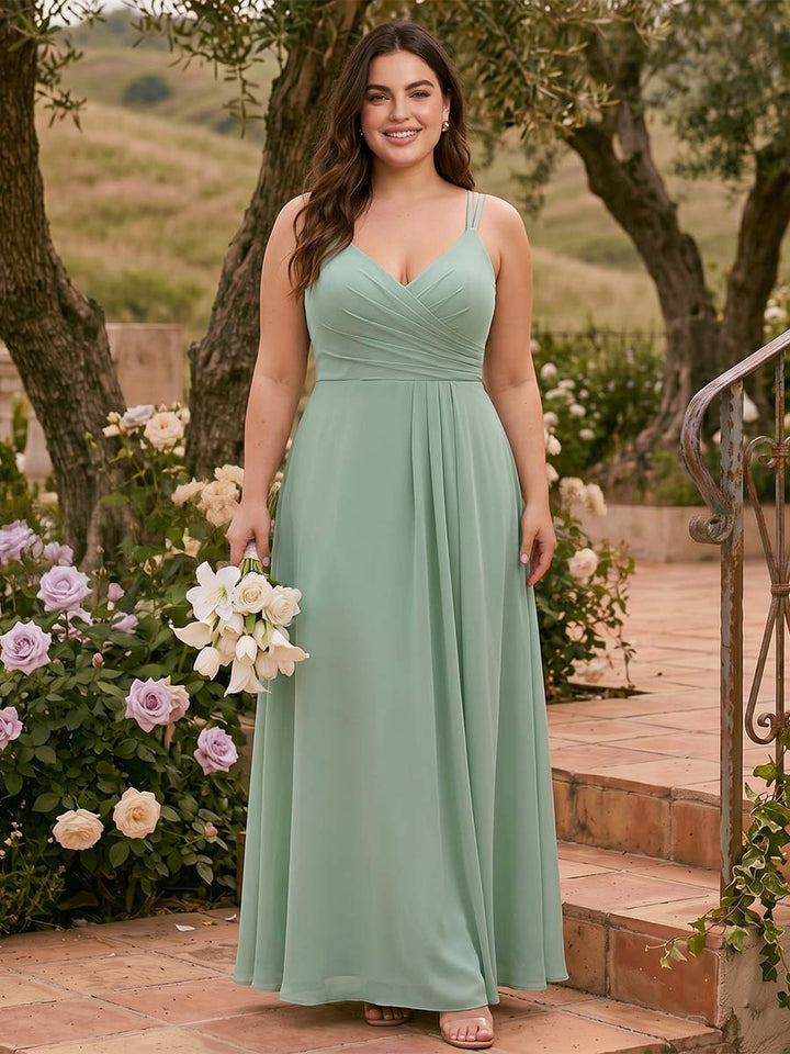 A-Line/Princess V-Neck Sleeveless Long Plus Size Bridesmaid Dresses with Ruched