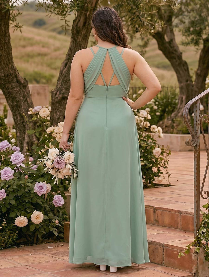 A-Line/Princess V-Neck Sleeveless Long Plus Size Bridesmaid Dresses with Ruched