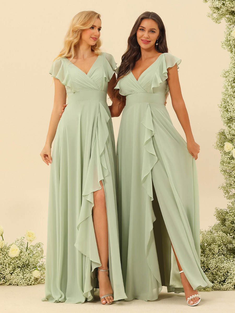 A-Line/Princess V-Neck Long Bridesmaid Dresses with Ruffles