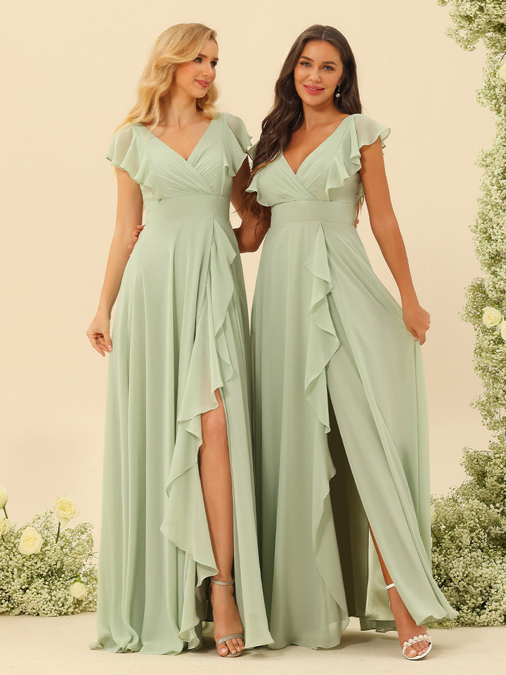 A-Line/Princess V-Neck Long Bridesmaid Dresses with Ruffles
