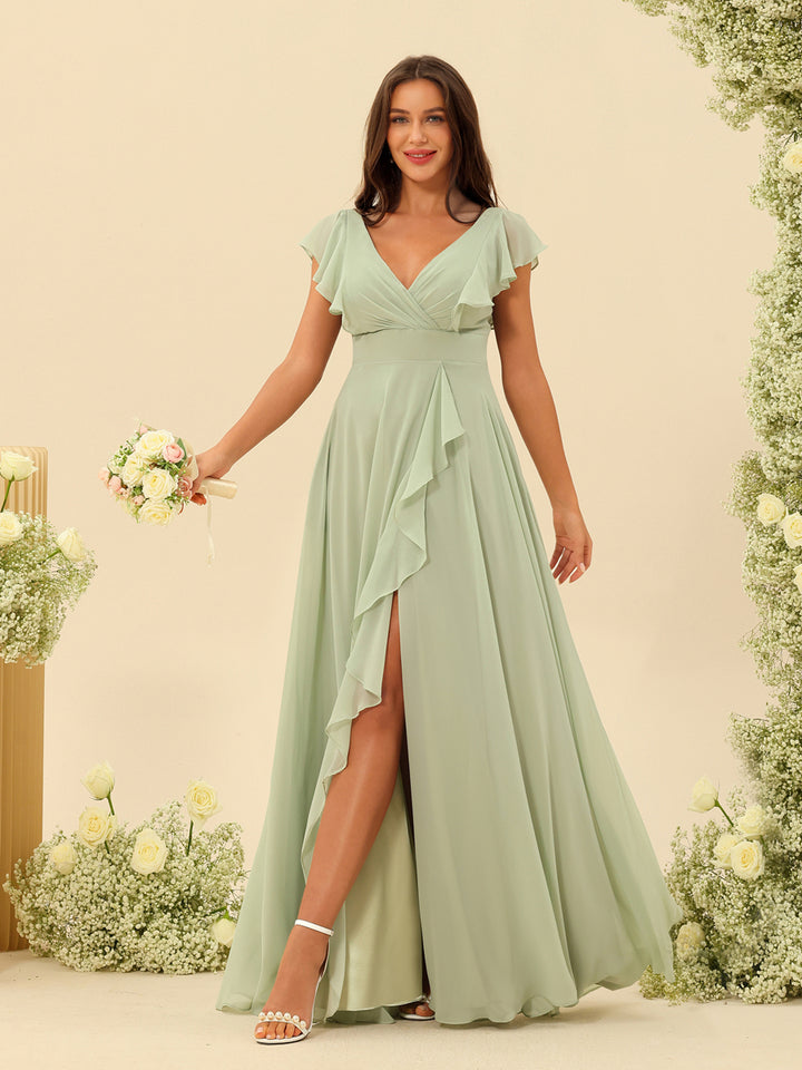 A-Line/Princess V-Neck Long Bridesmaid Dresses with Ruffles